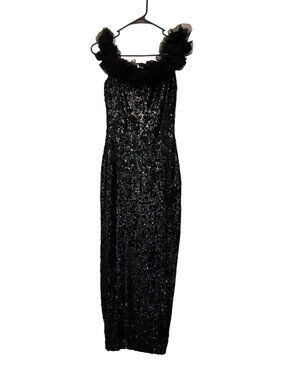 Vintage Attitudes By Debra Black Sequin Gown W/ Tulle Ruffle Neckline